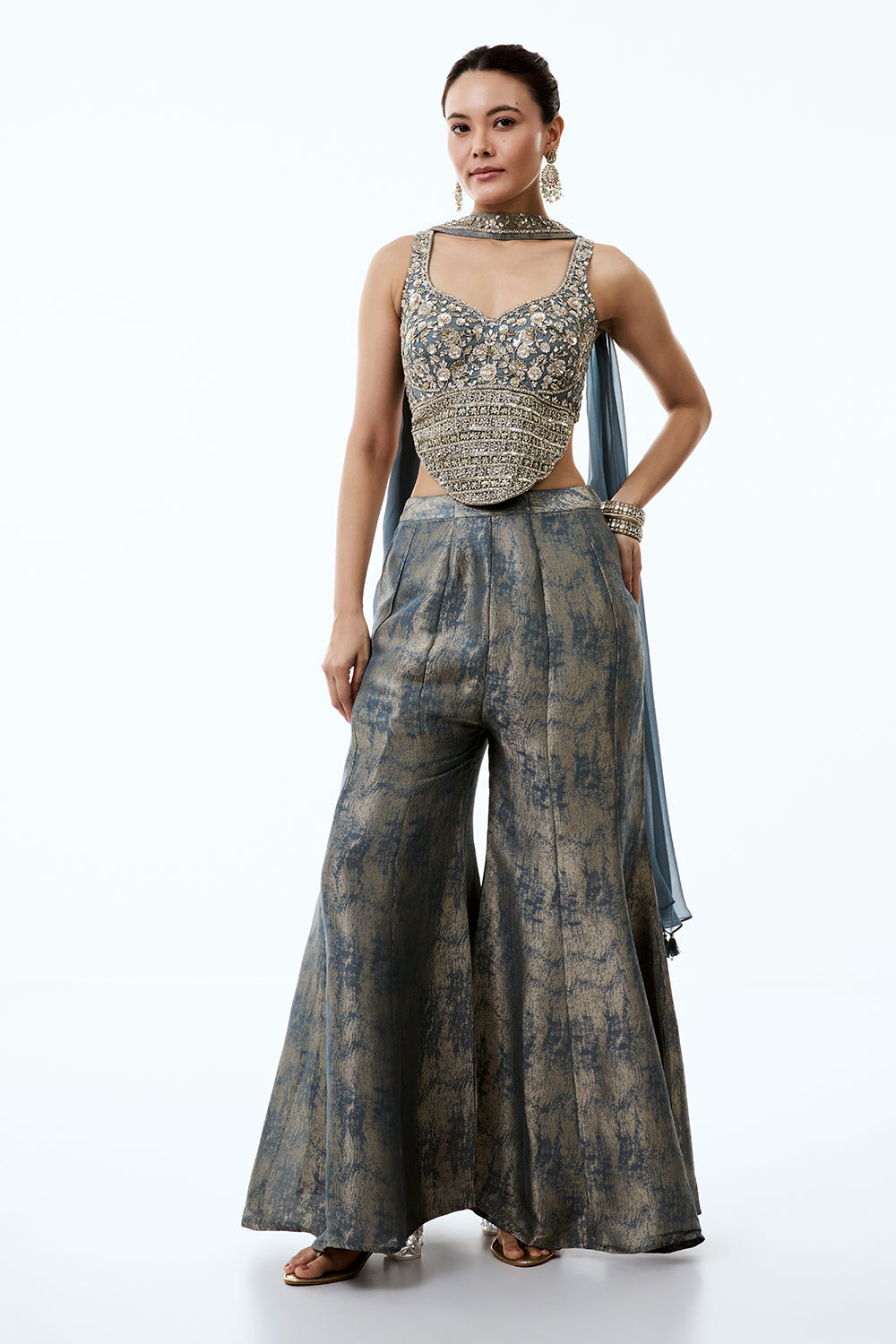 Steel Grey Tissue Indo Western Set with Cutdana and Sequins Work