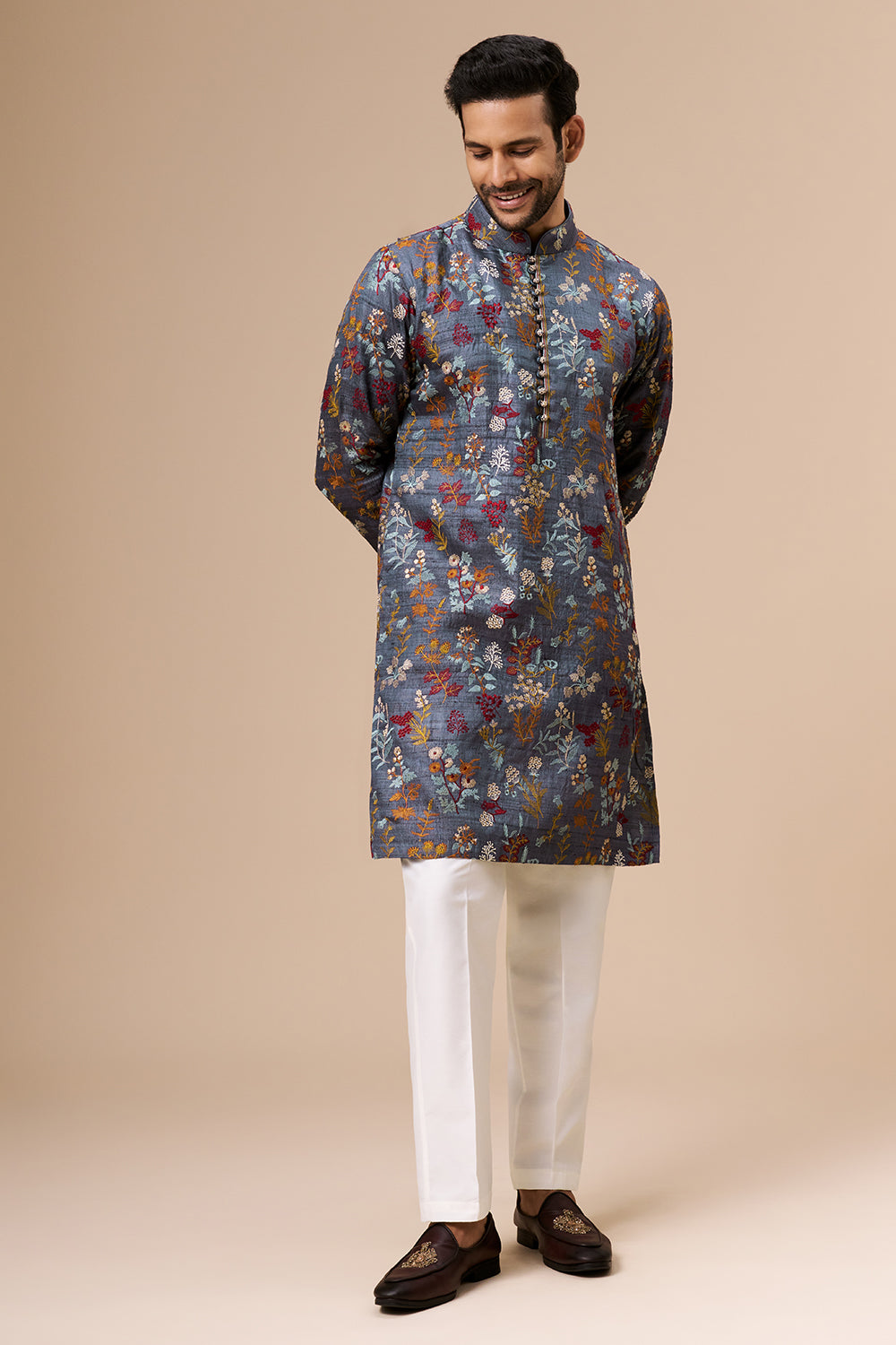 Steel Grey Tussar Mens Kurta with Multicolour Thread Work