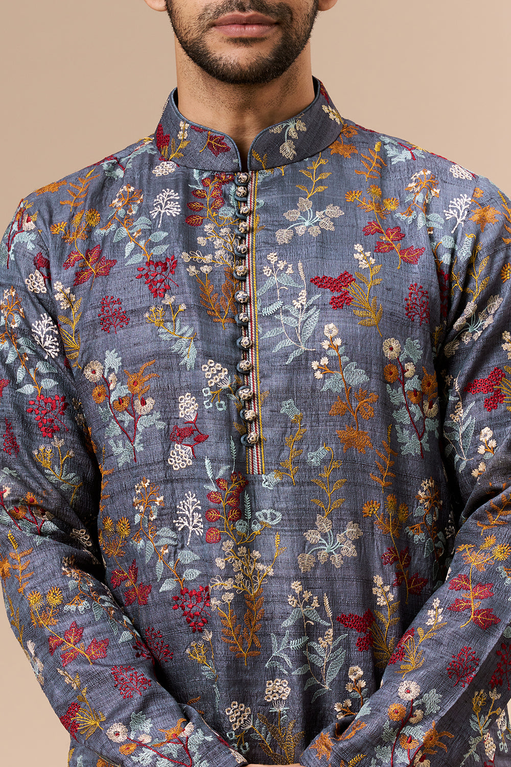 Steel Grey Tussar Mens Kurta with Multicolour Thread Work