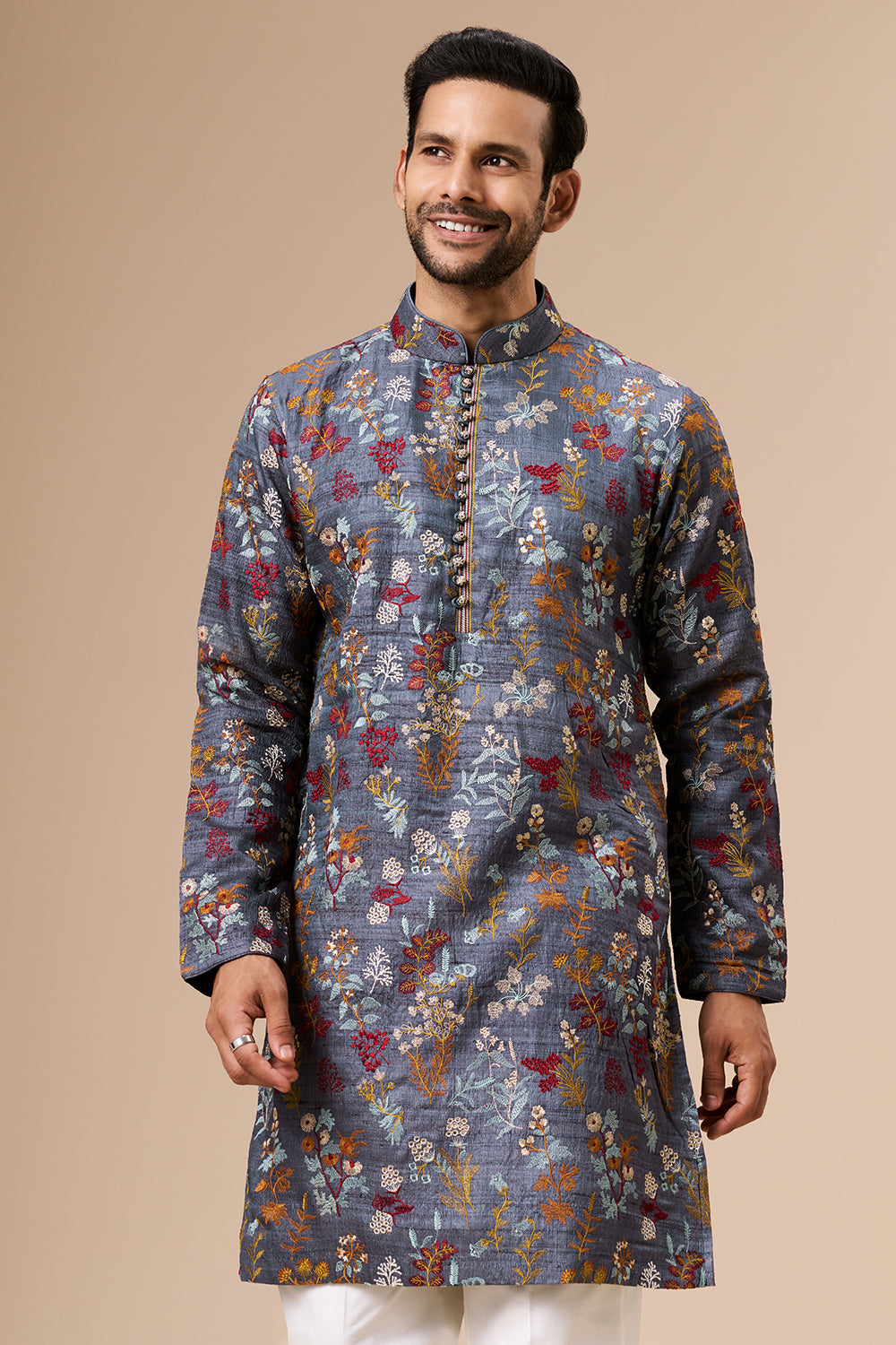 Steel Grey Tussar Mens Kurta with Multicolour Thread Work