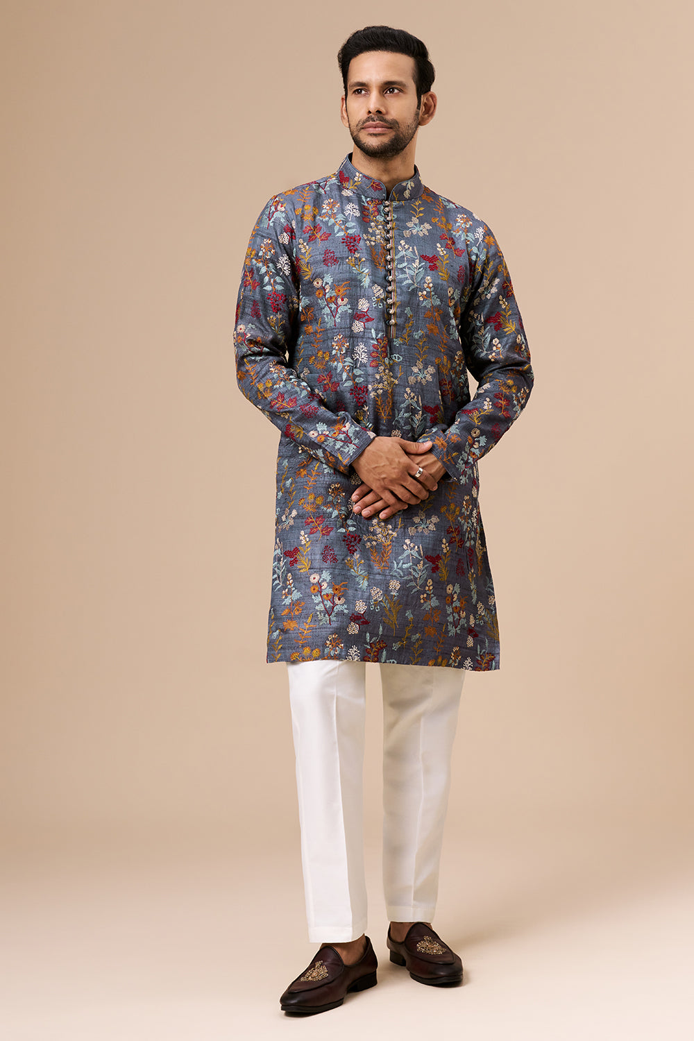 Steel Grey Tussar Mens Kurta with Multicolour Thread Work