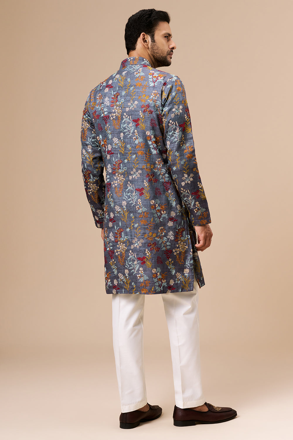 Steel Grey Tussar Mens Kurta with Multicolour Thread Work