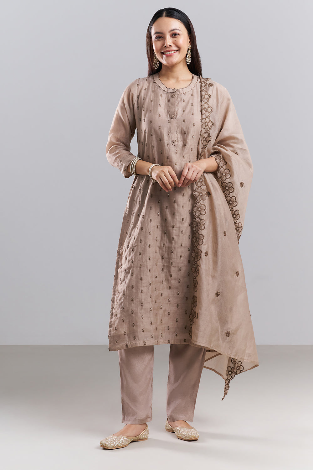 Stone Beige Embroidered Kurta Pant Set with Dupatta