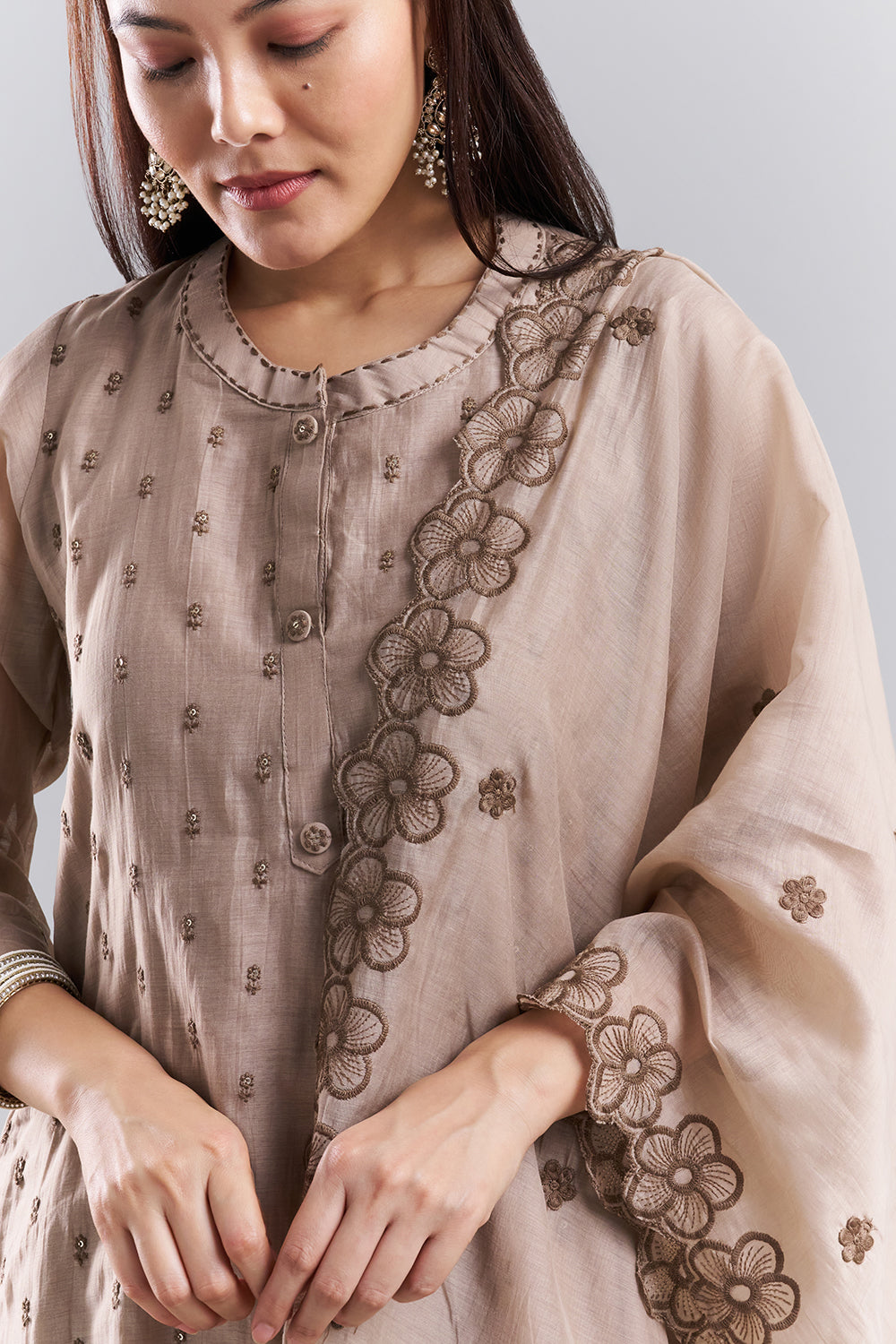 Stone Beige Embroidered Kurta Pant Set with Dupatta