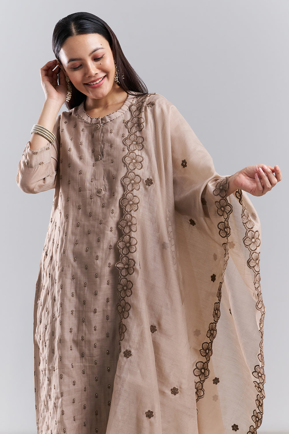 Stone Beige Embroidered Kurta Pant Set with Dupatta