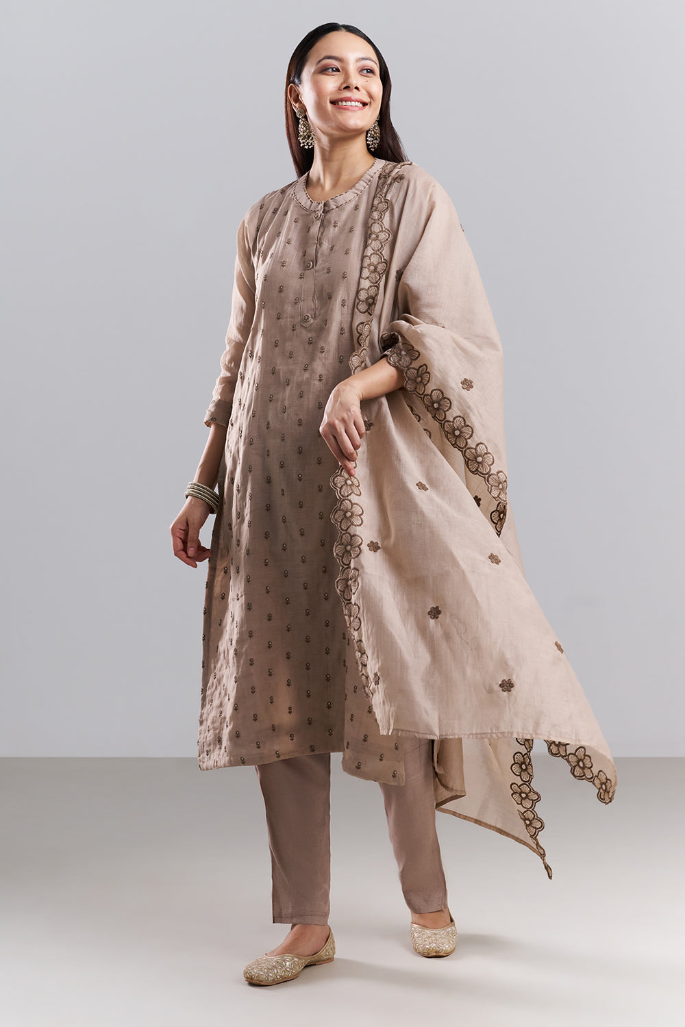 Stone Beige Embroidered Kurta Pant Set with Dupatta
