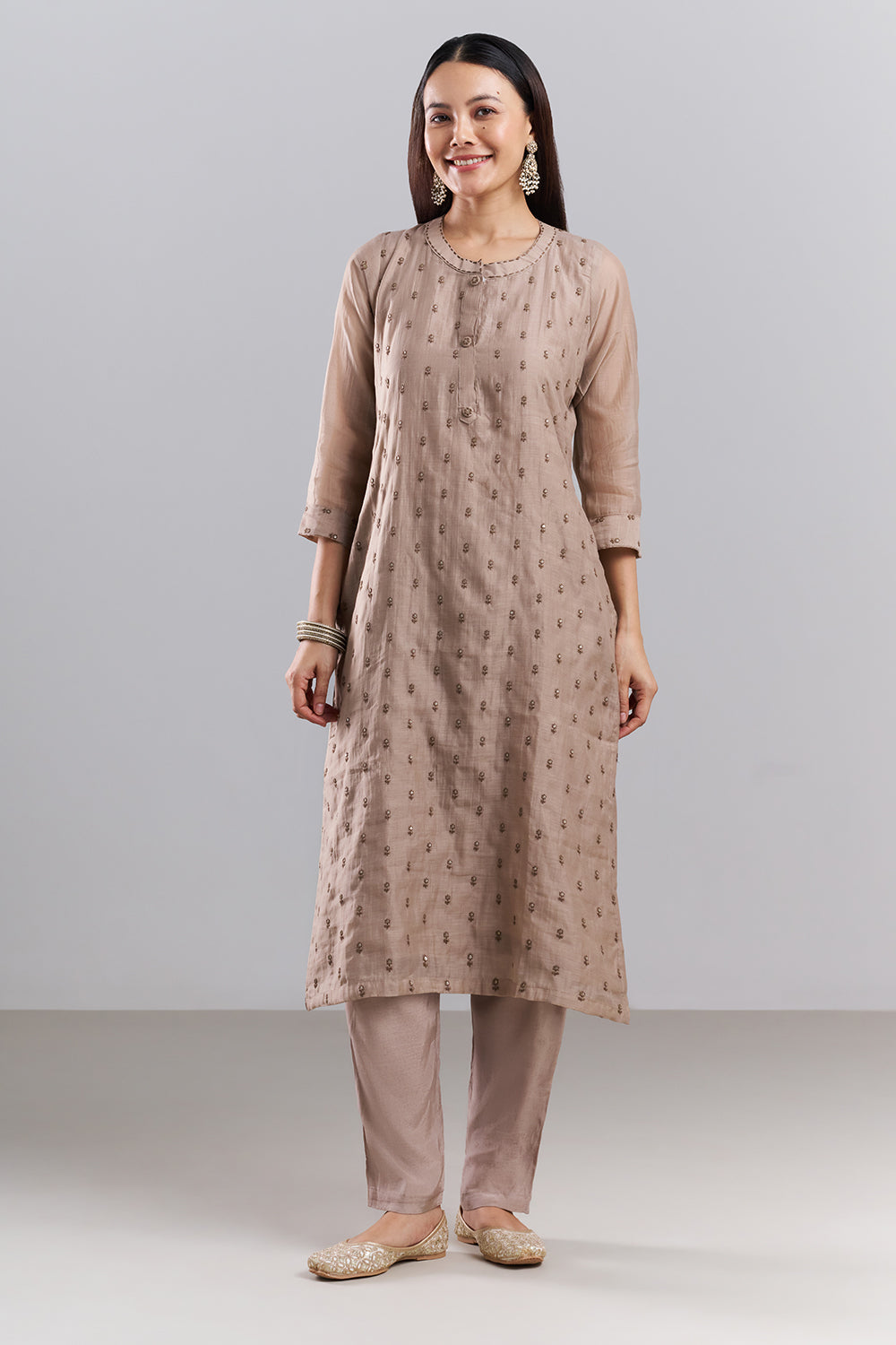 Stone Beige Embroidered Kurta Pant Set with Dupatta