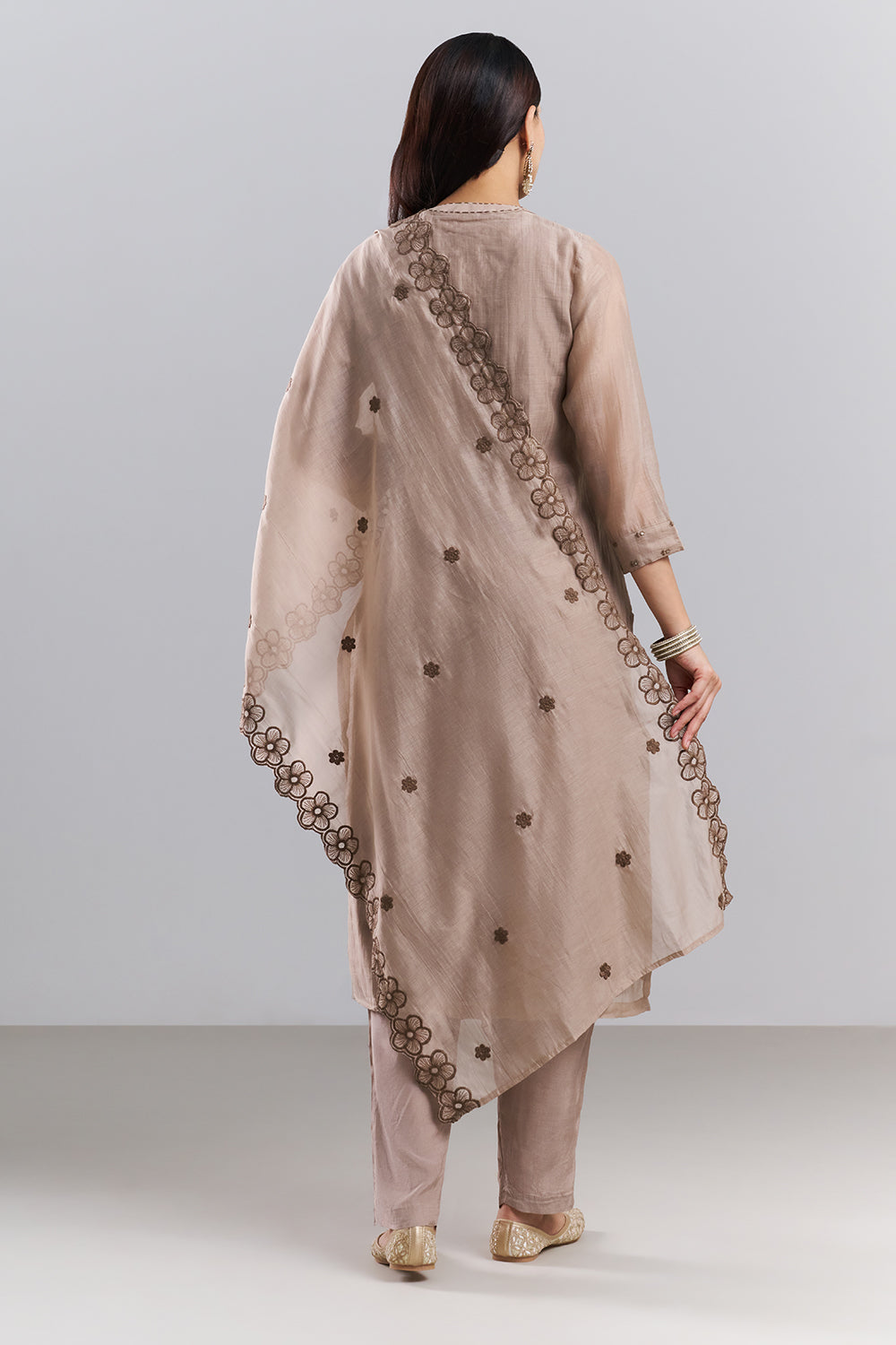 Stone Beige Embroidered Kurta Pant Set with Dupatta