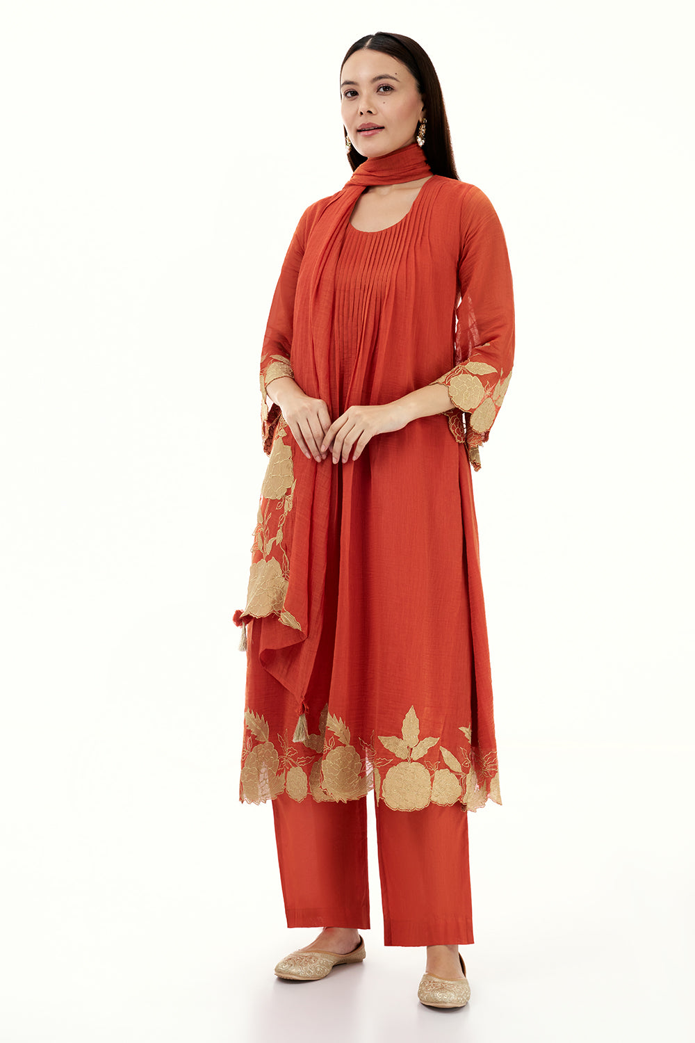 Tangerine Orange Cotton Kurta Set with Applique Work