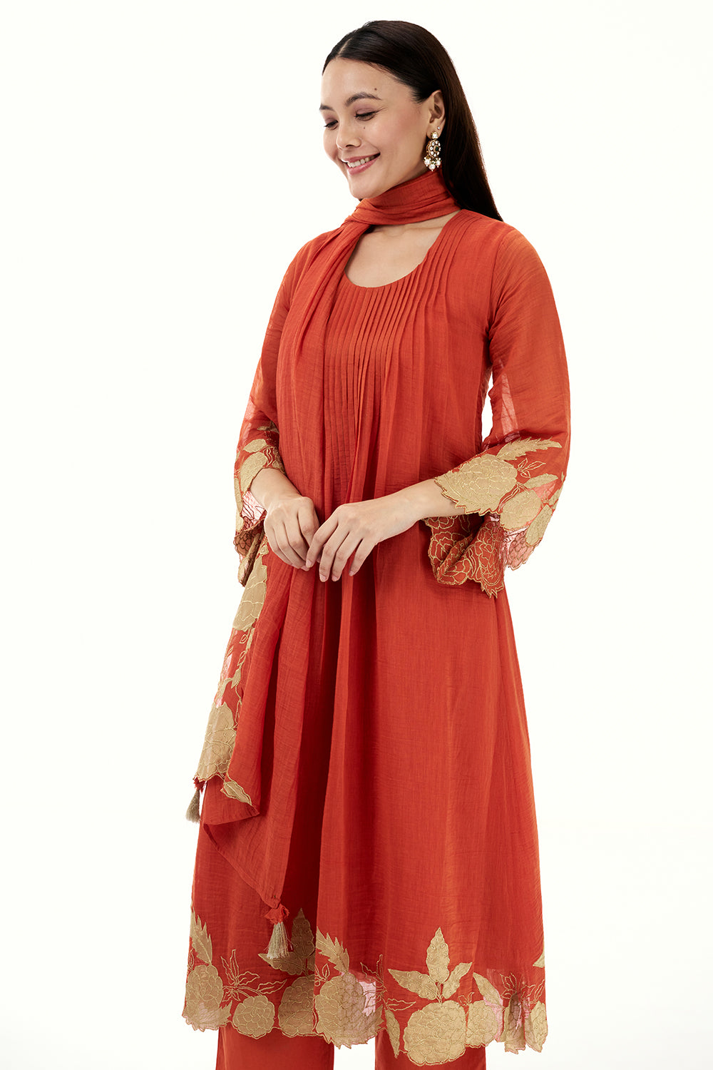 Tangerine Orange Cotton Kurta Set with Applique Work