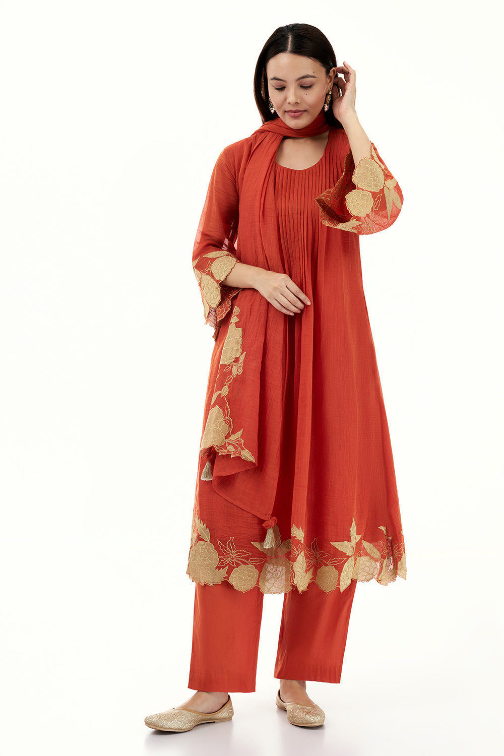 Tangerine Orange Cotton Kurta Set with Applique Work
