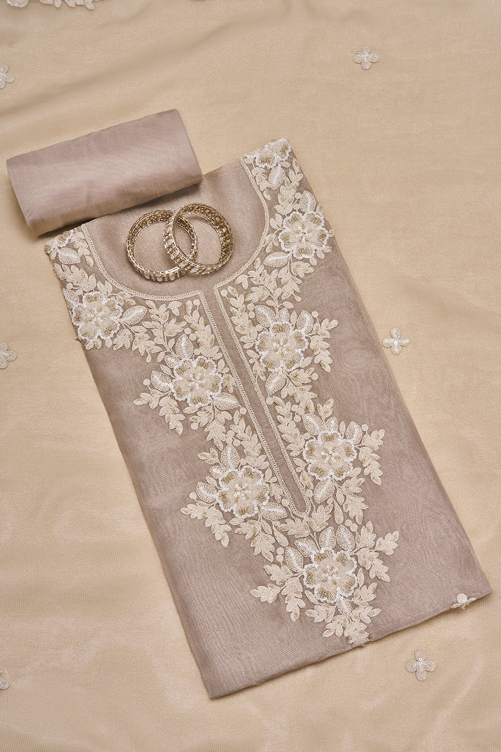 Taupe Floral Embroidered Unstitched Suit Set