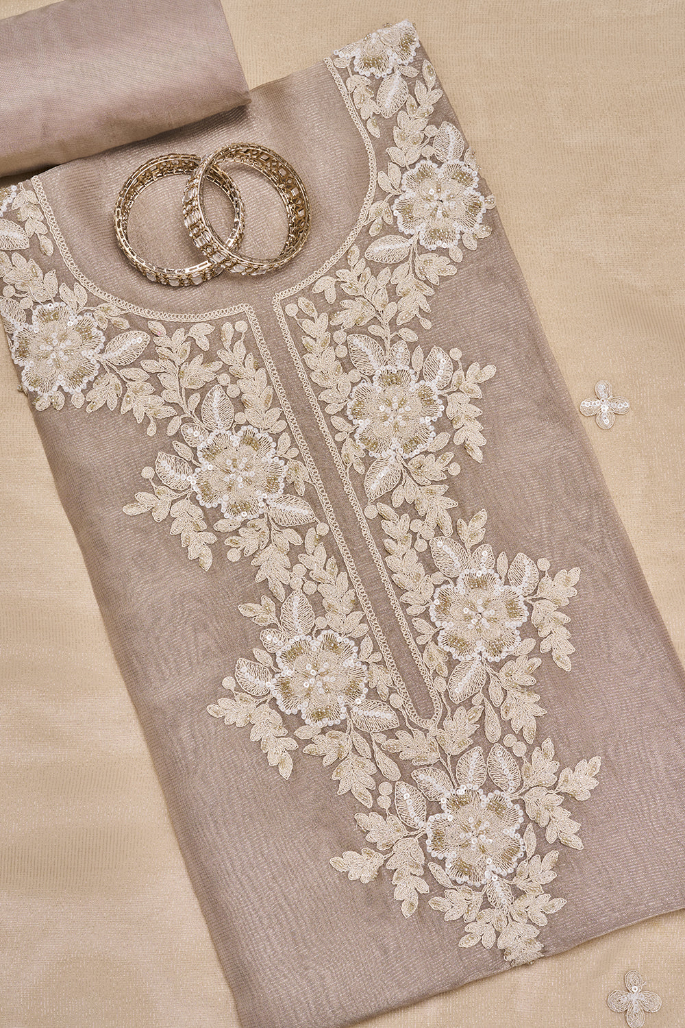 Taupe Floral Embroidered Unstitched Suit Set
