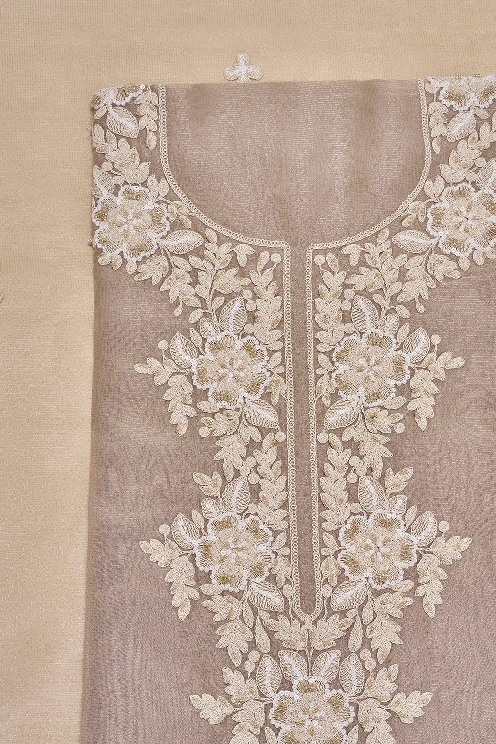 Taupe Floral Embroidered Unstitched Suit Set