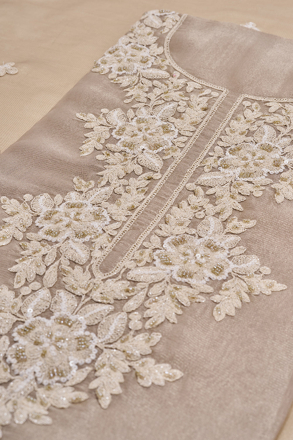 Taupe Floral Embroidered Unstitched Suit Set
