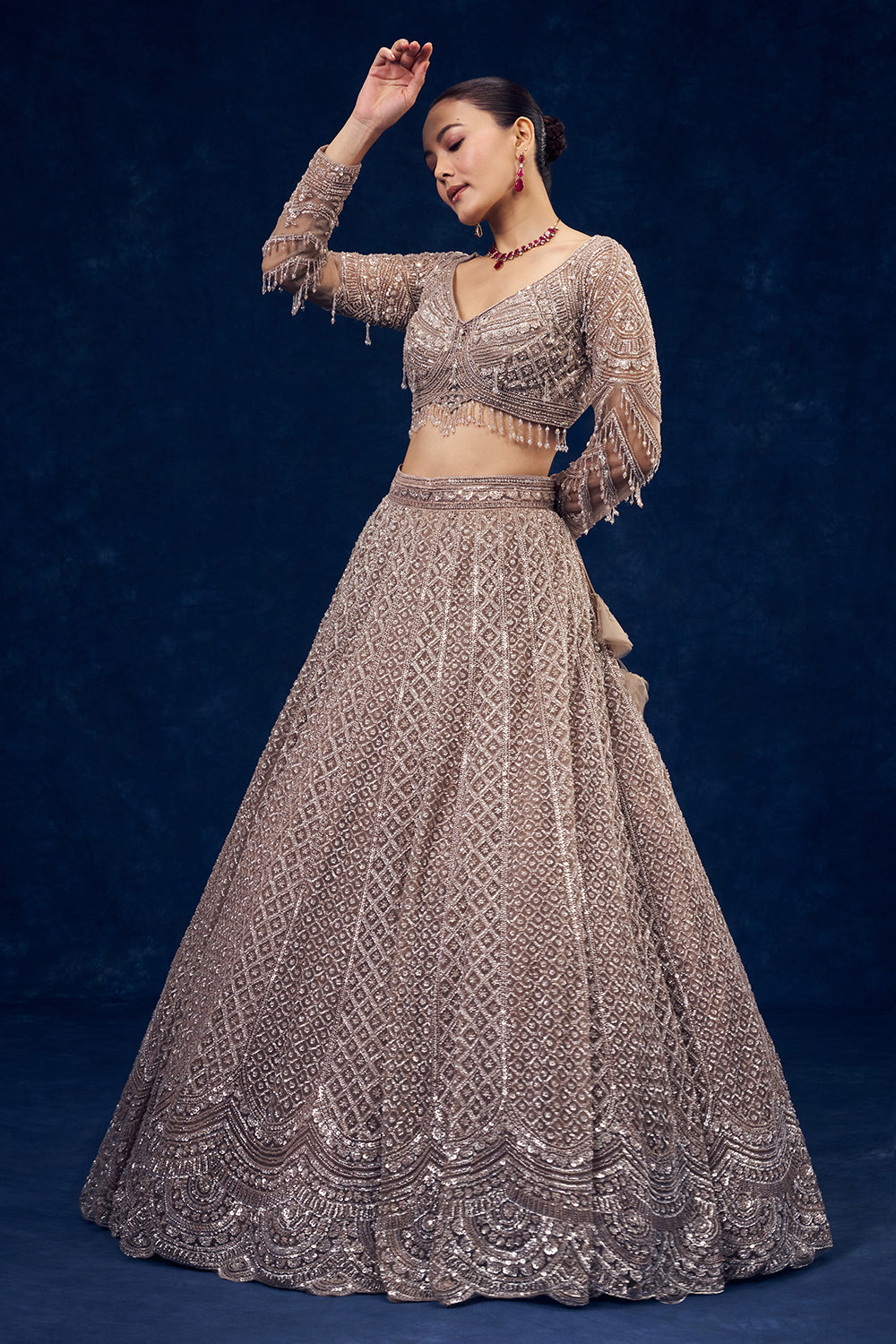 Taupe Grey Hand Embroidered Net Lehenga with Sequin Work