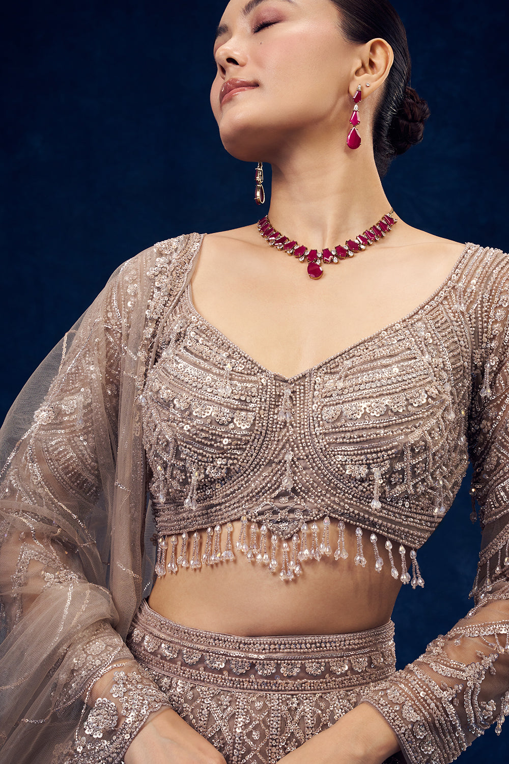 Taupe Grey Hand Embroidered Net Lehenga with Sequin Work