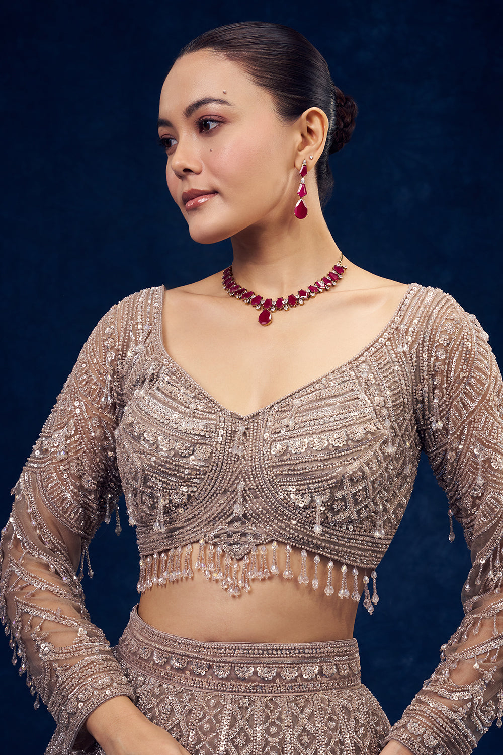 Taupe Grey Hand Embroidered Net Lehenga with Sequin Work