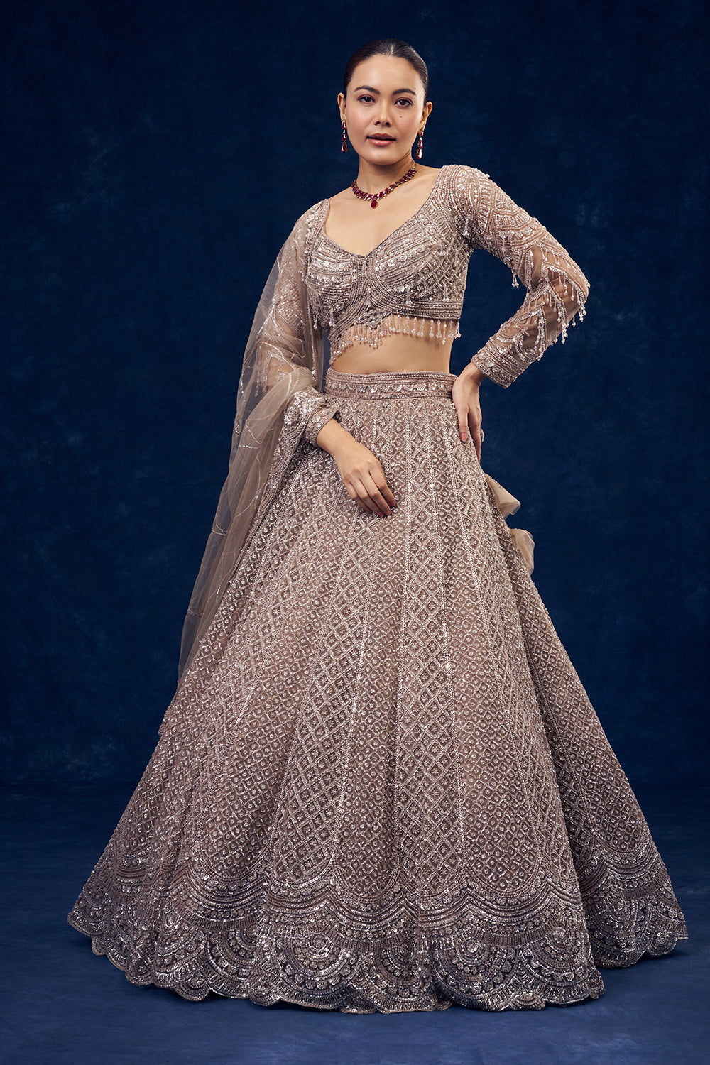 Taupe Grey Hand Embroidered Net Lehenga with Sequin Work