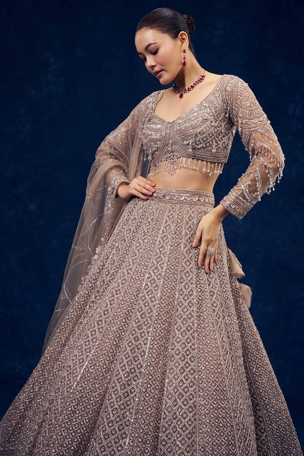 Taupe Grey Hand Embroidered Net Lehenga with Sequin Work