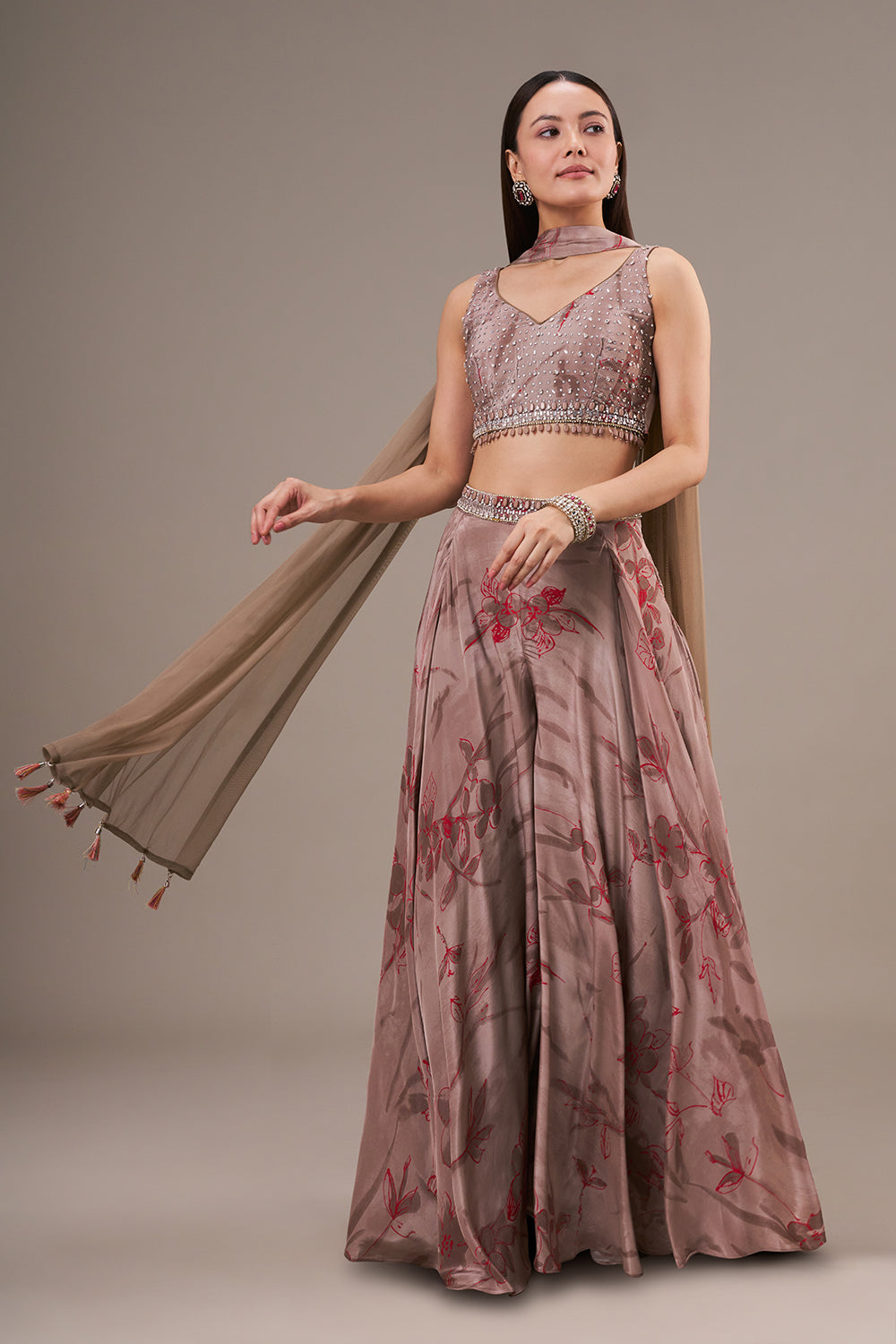 Taupe Satin Blend Crop Top Palazzo Set with Bead and Tassel Work