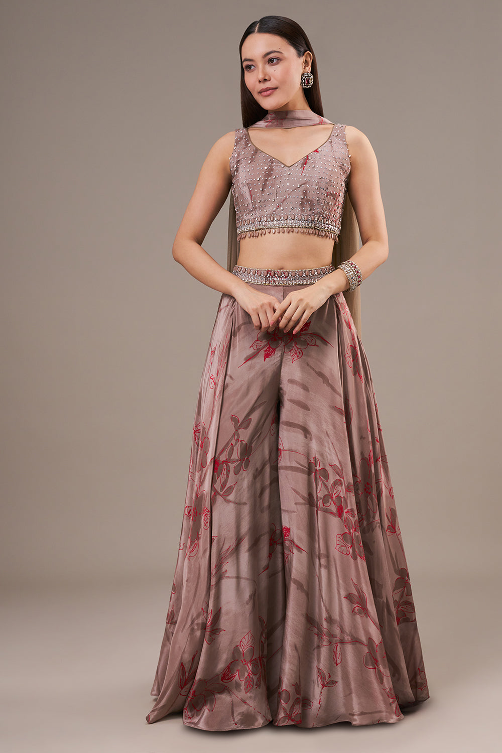 Taupe Satin Blend Crop Top Palazzo Set with Bead and Tassel Work