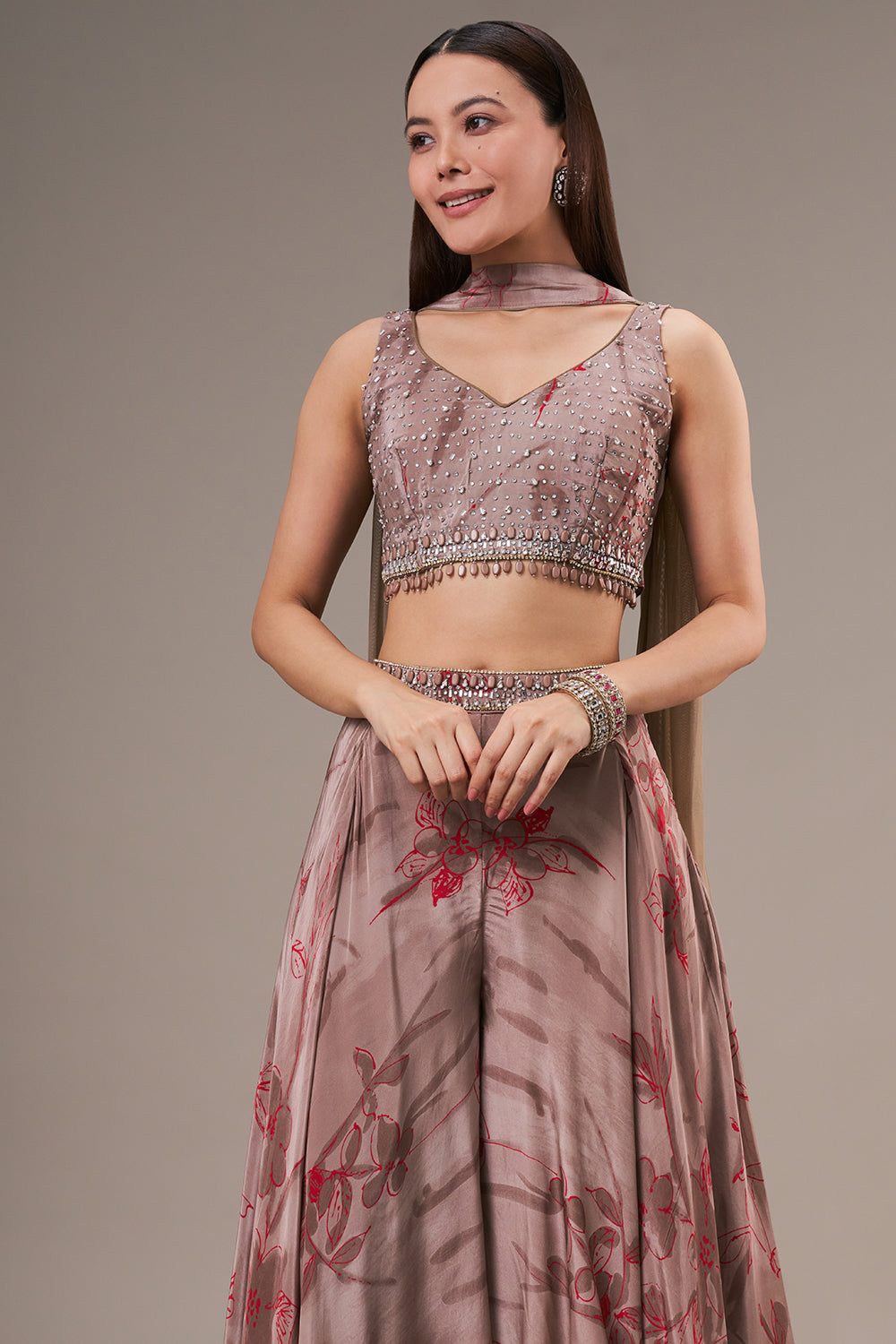 Taupe Satin Blend Crop Top Palazzo Set with Bead and Tassel Work