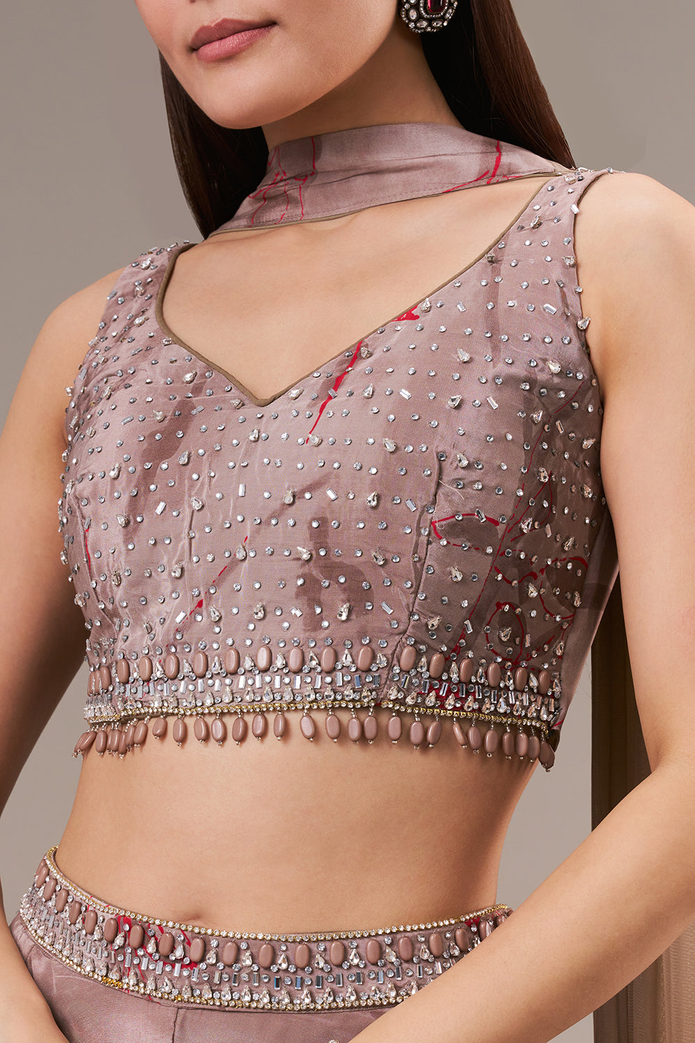 Taupe Satin Blend Crop Top Palazzo Set with Bead and Tassel Work