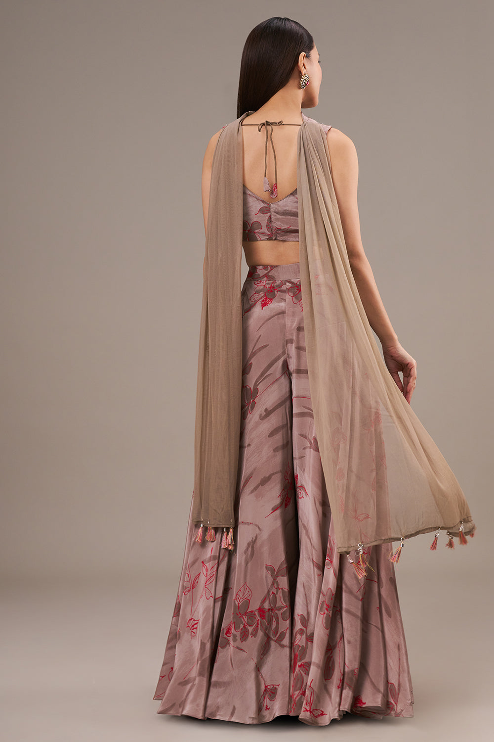 Taupe Satin Blend Crop Top Palazzo Set with Bead and Tassel Work