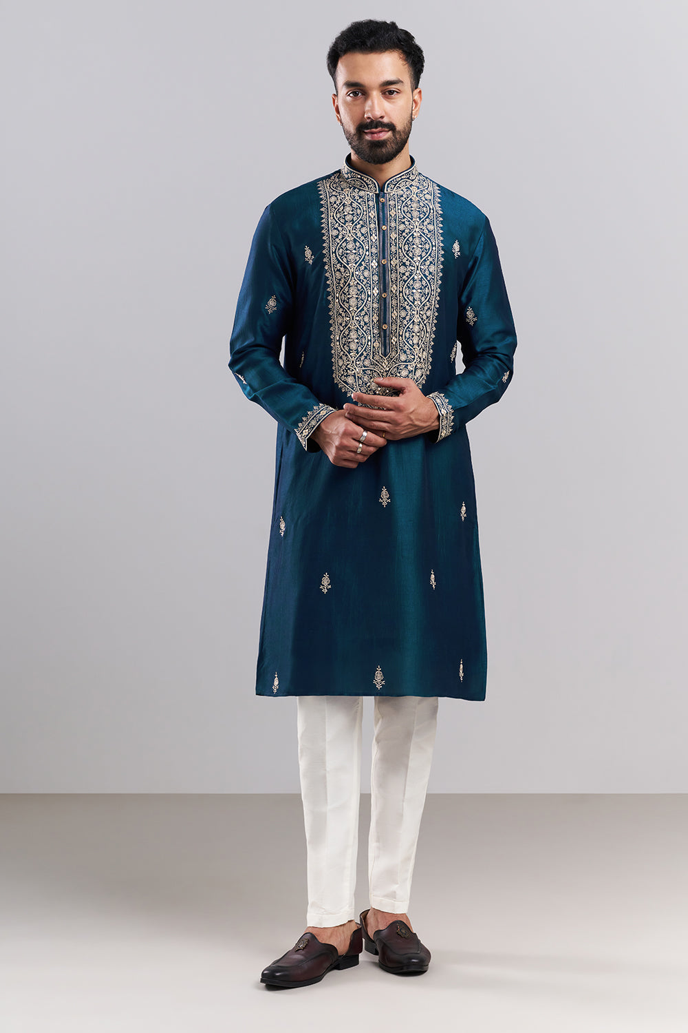 Teal Blue Art Silk Embroidered Men’s Kurta Set