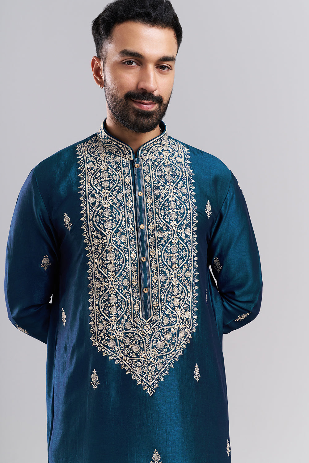 Teal Blue Art Silk Embroidered Men’s Kurta Set