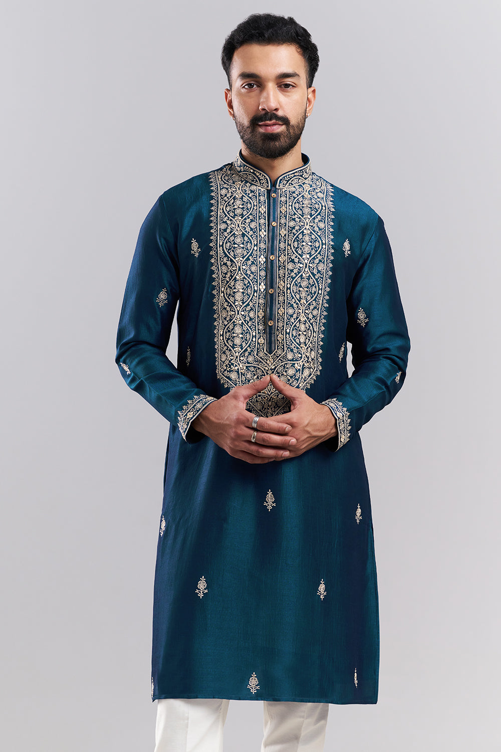 Teal Blue Art Silk Embroidered Men’s Kurta Set