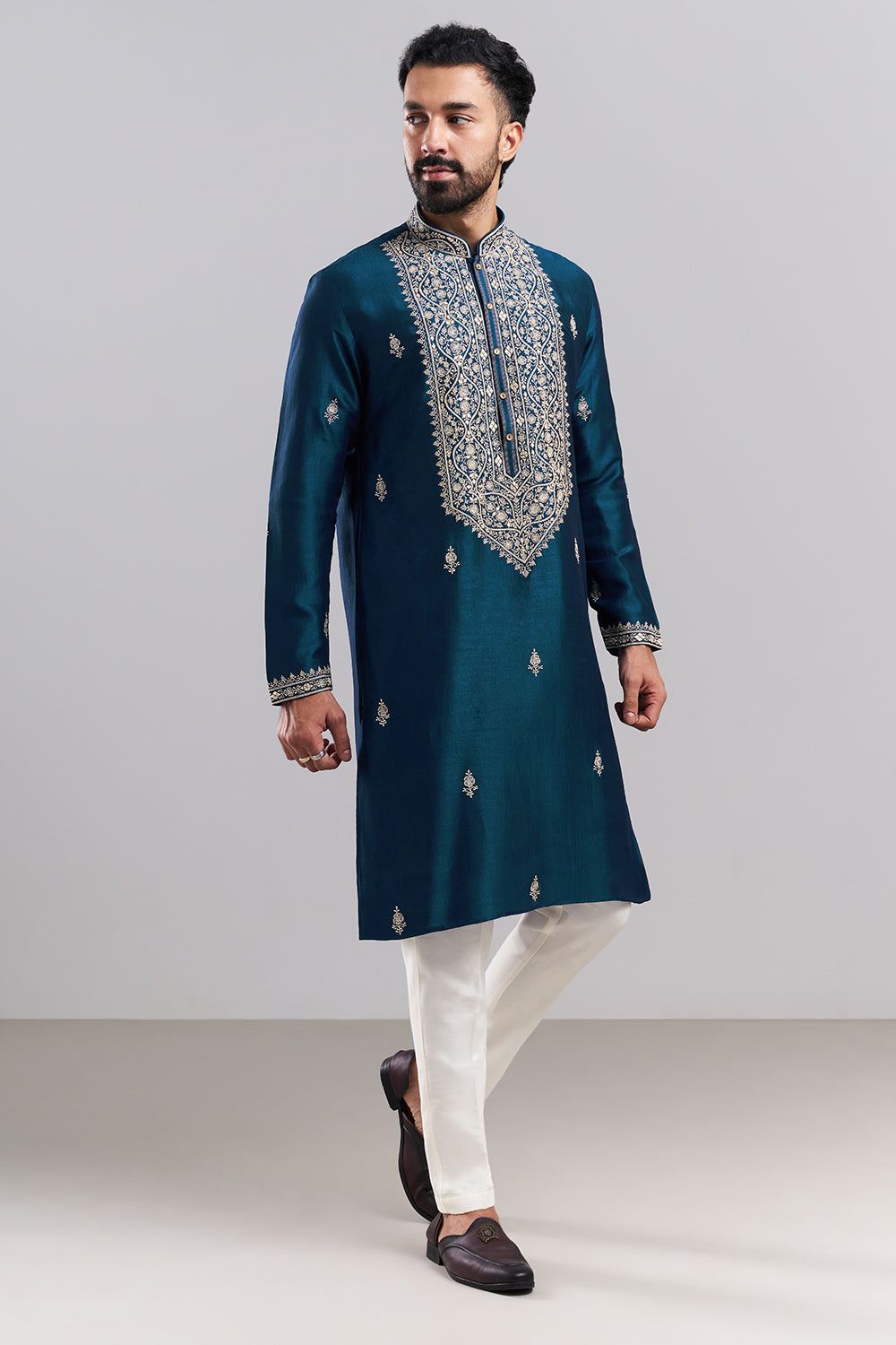 Teal Blue Art Silk Embroidered Men’s Kurta Set