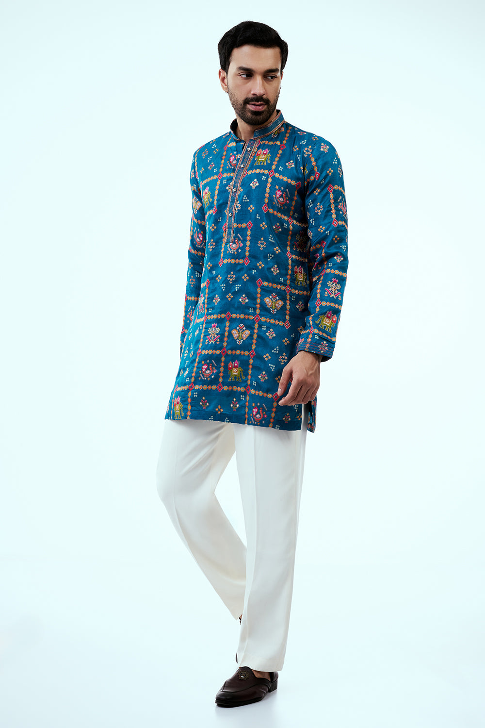 Teal Blue Art Silk Patola Design Mens Kurta Set