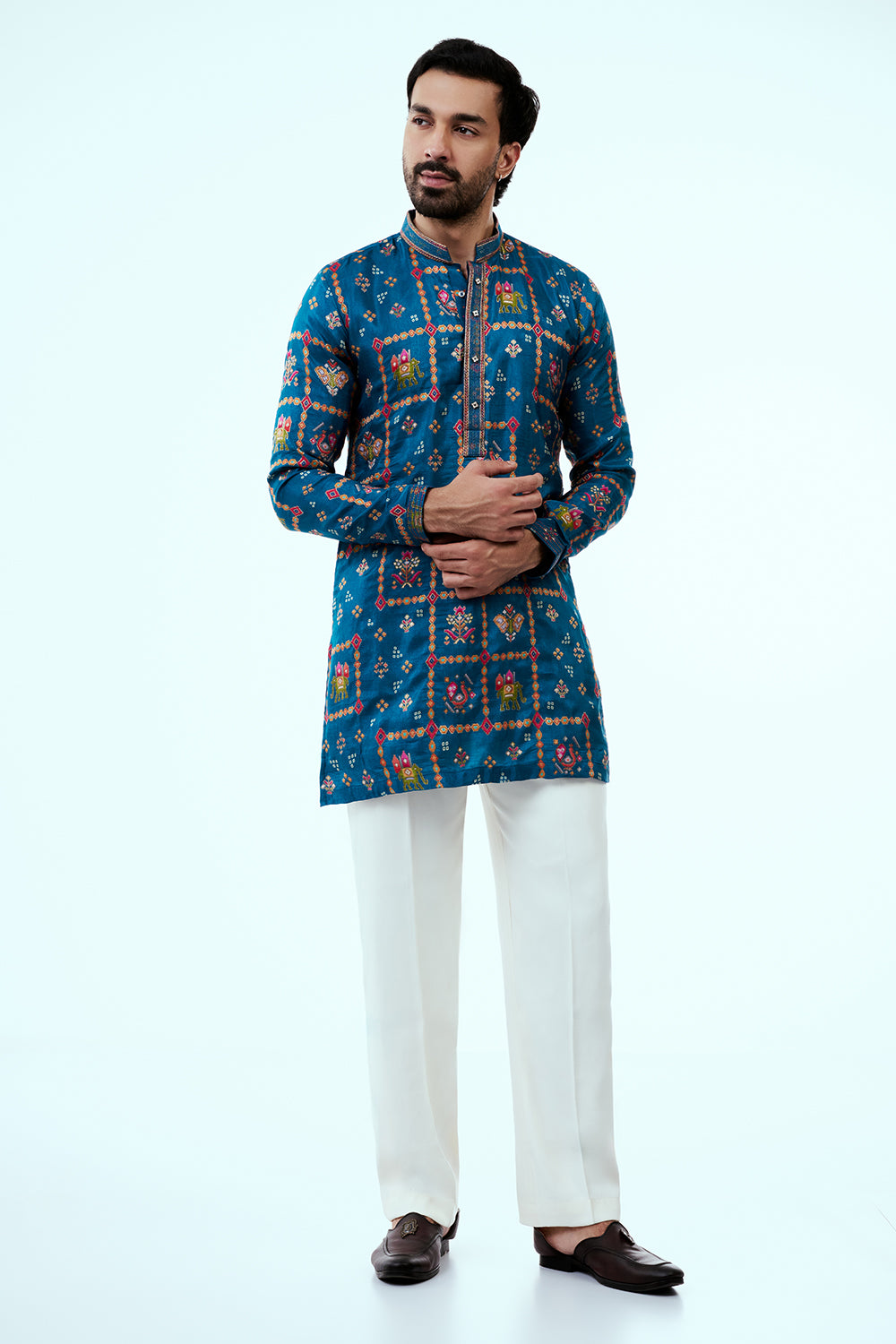 Teal Blue Art Silk Patola Design Mens Kurta Set