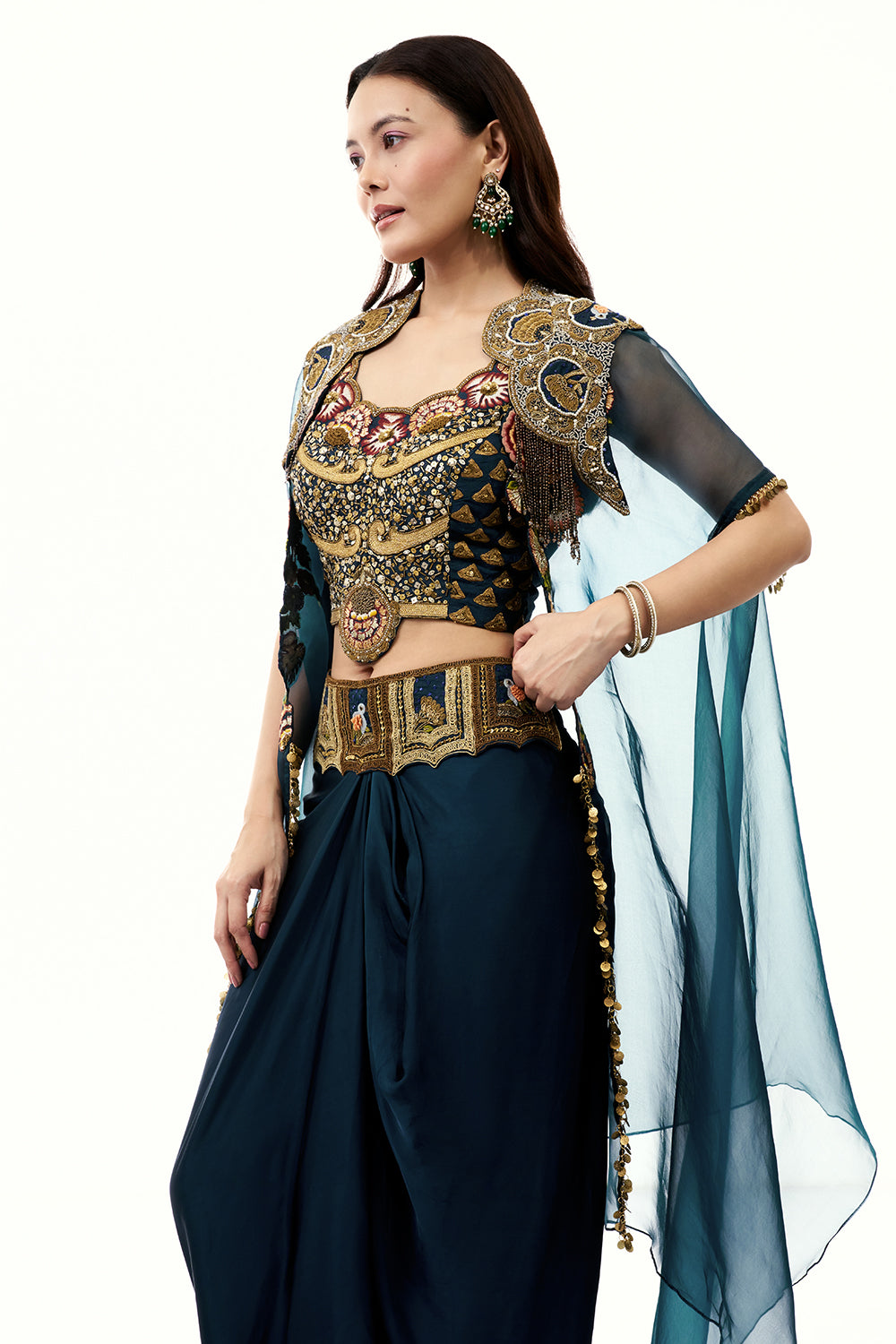 Teal Blue Art Silk Set with Cape and Zari Work