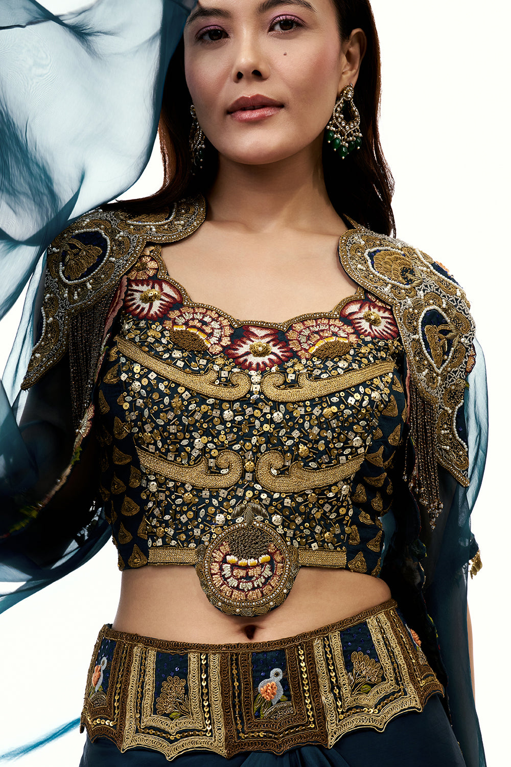 Teal Blue Art Silk Set with Cape and Zari Work