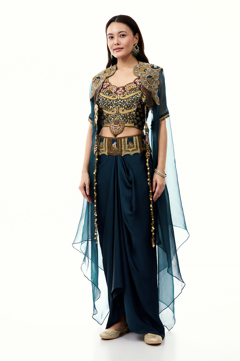 Teal Blue Art Silk Set with Cape and Zari Work