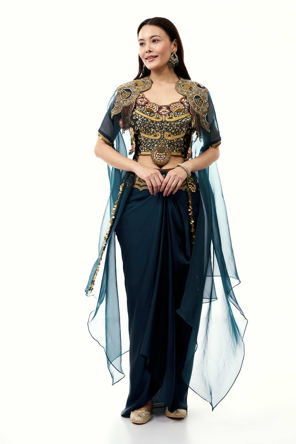 Teal Blue Art Silk Set with Cape and Zari Work
