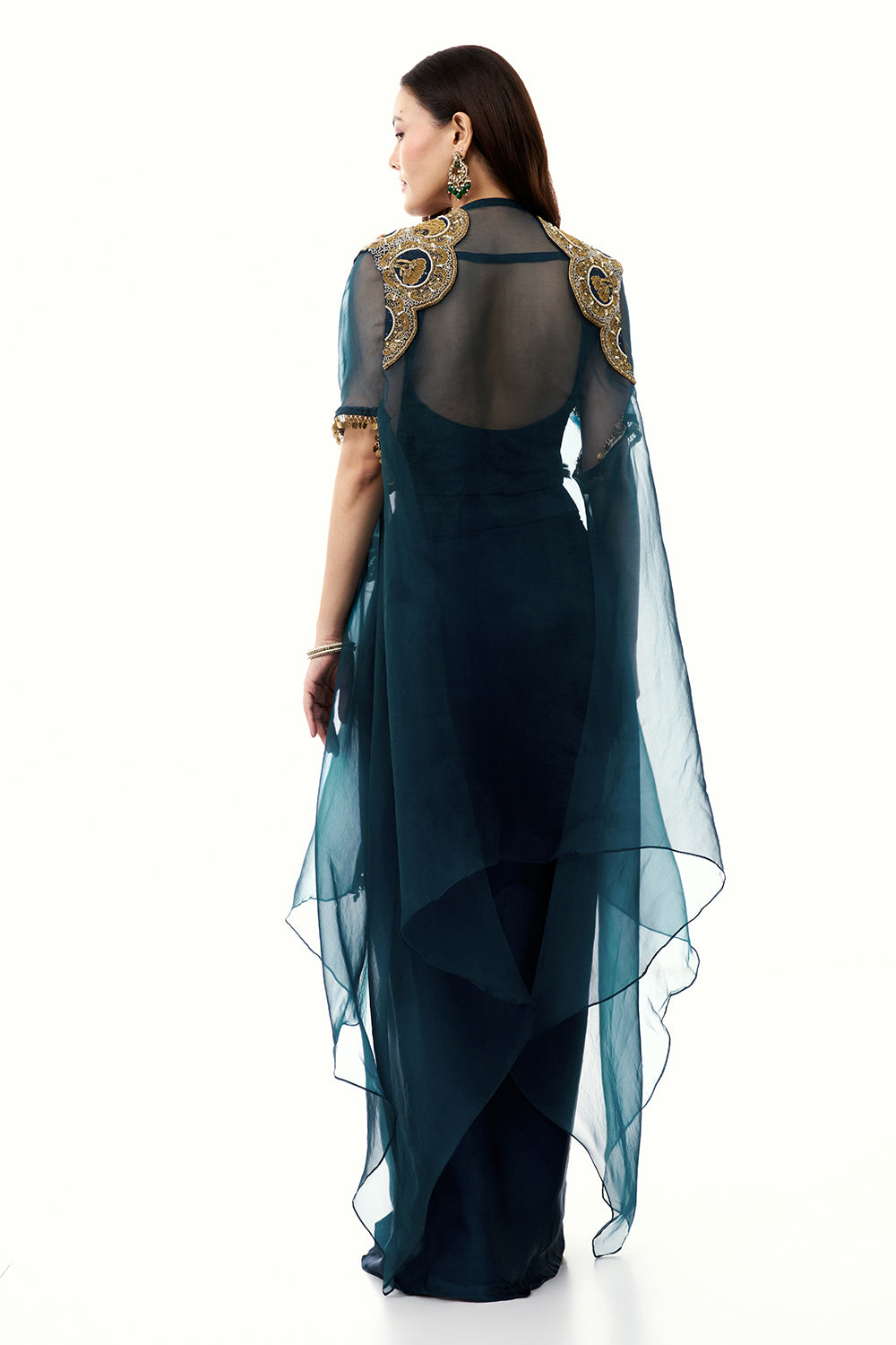 Teal Blue Art Silk Set with Cape and Zari Work