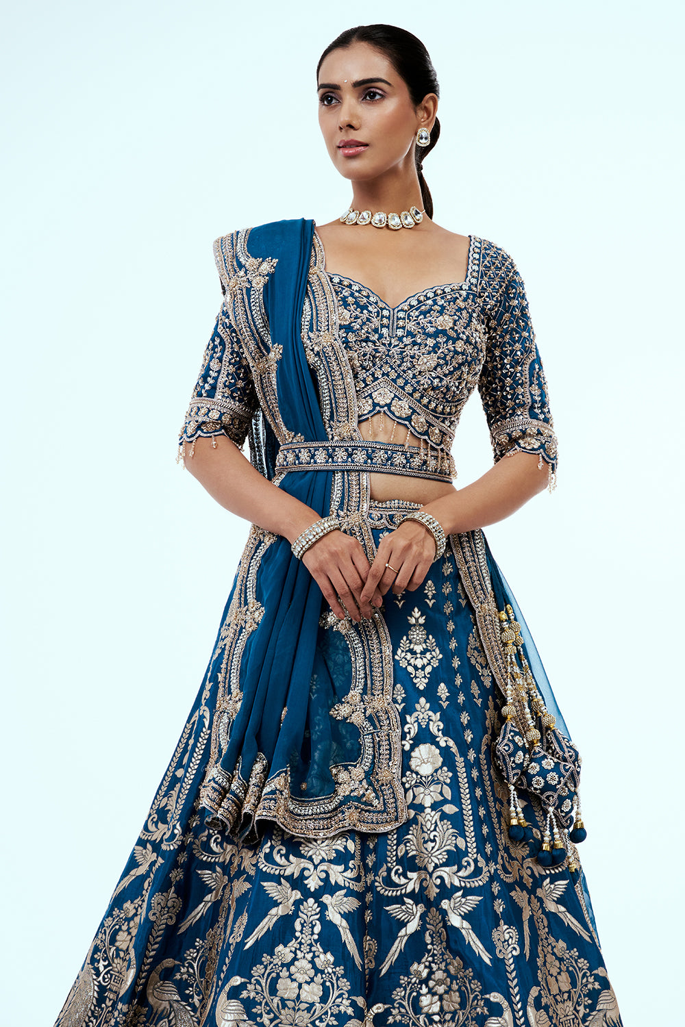 Teal Blue Banarasi Brocade Lehenga with Sequins