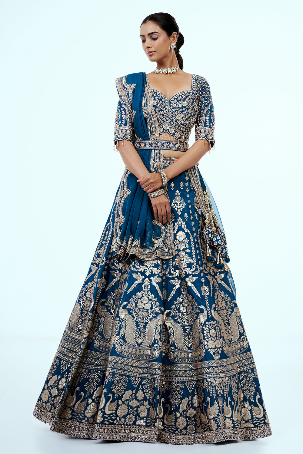 Teal Blue Banarasi Brocade Lehenga with Sequins
