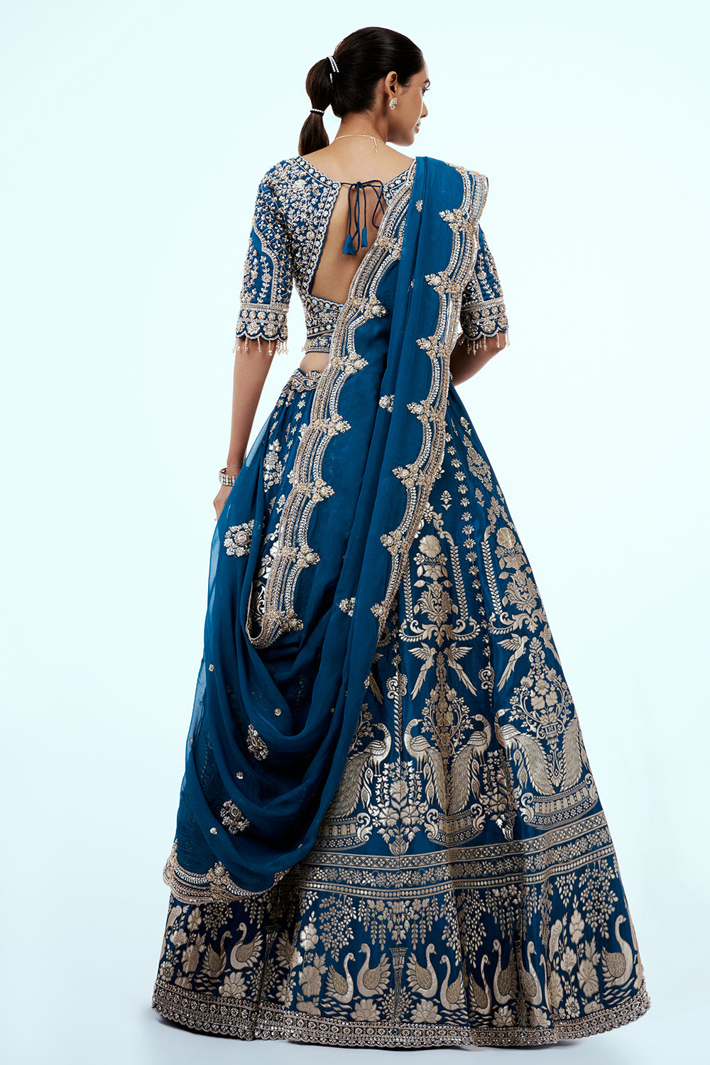 Teal Blue Banarasi Brocade Lehenga with Sequins