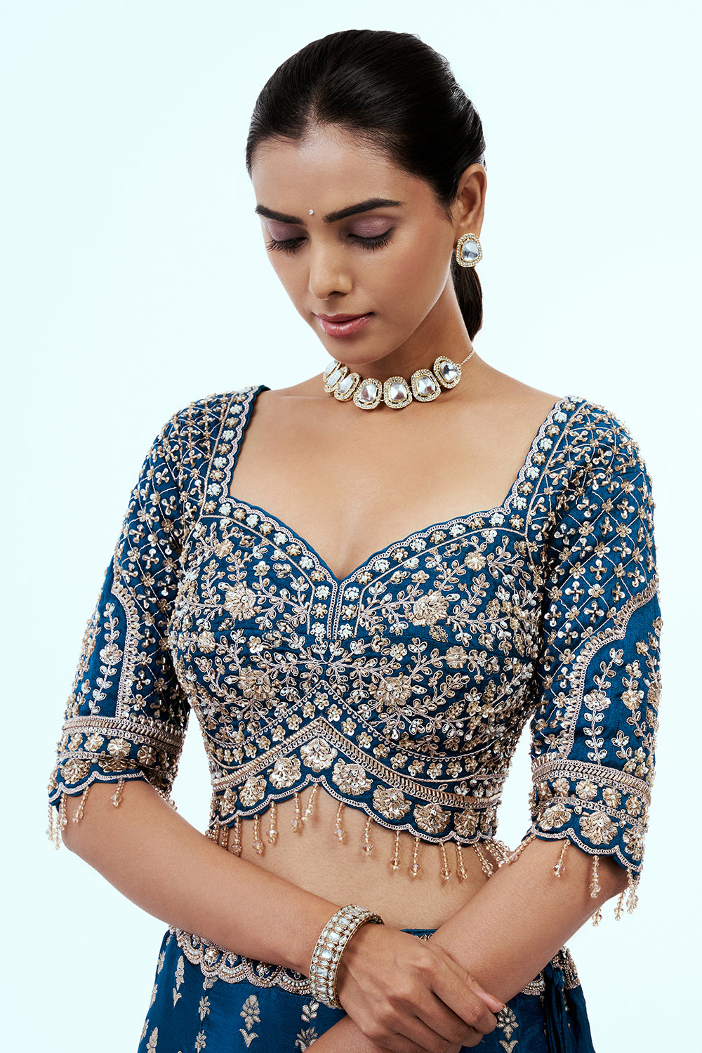 Teal Blue Banarasi Brocade Lehenga with Sequins