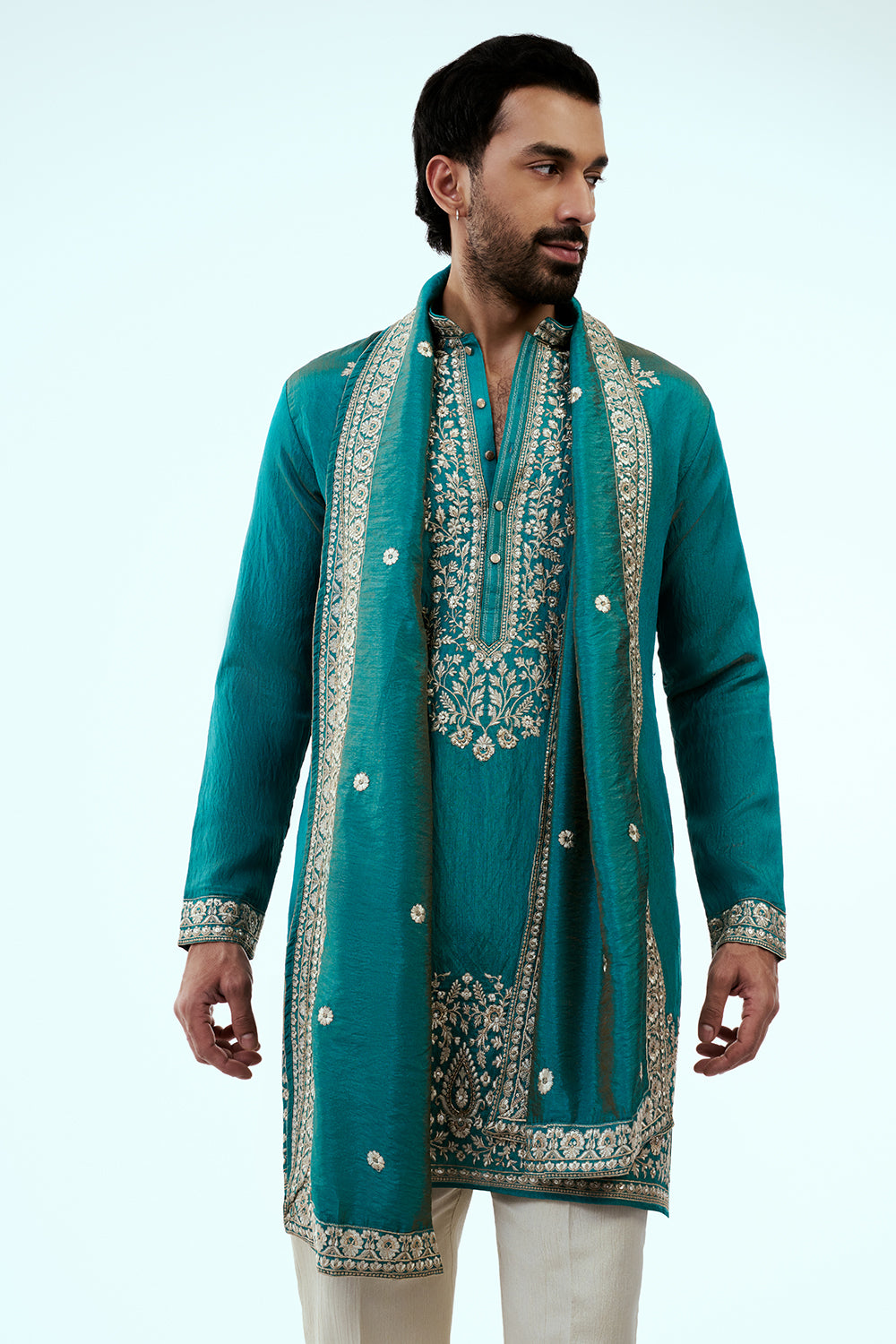 Teal Blue Chanderi Silk Mens Kurta Set in Resham Work with Dupatta