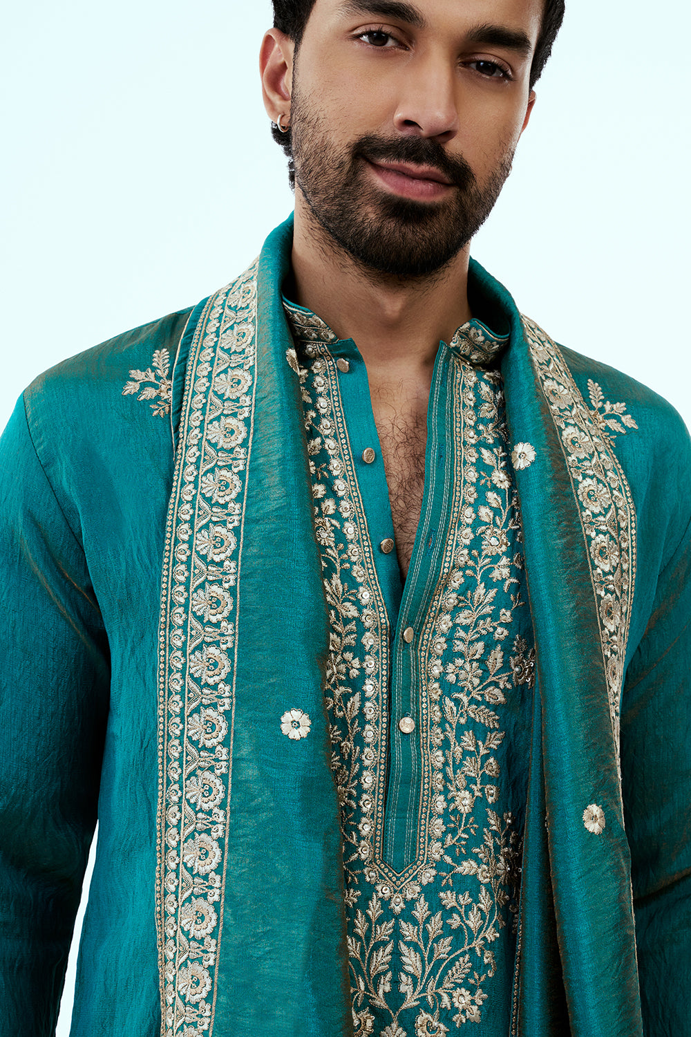 Teal Blue Chanderi Silk Mens Kurta Set in Resham Work with Dupatta