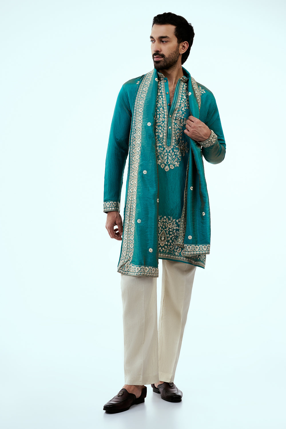 Teal Blue Chanderi Silk Mens Kurta Set in Resham Work with Dupatta