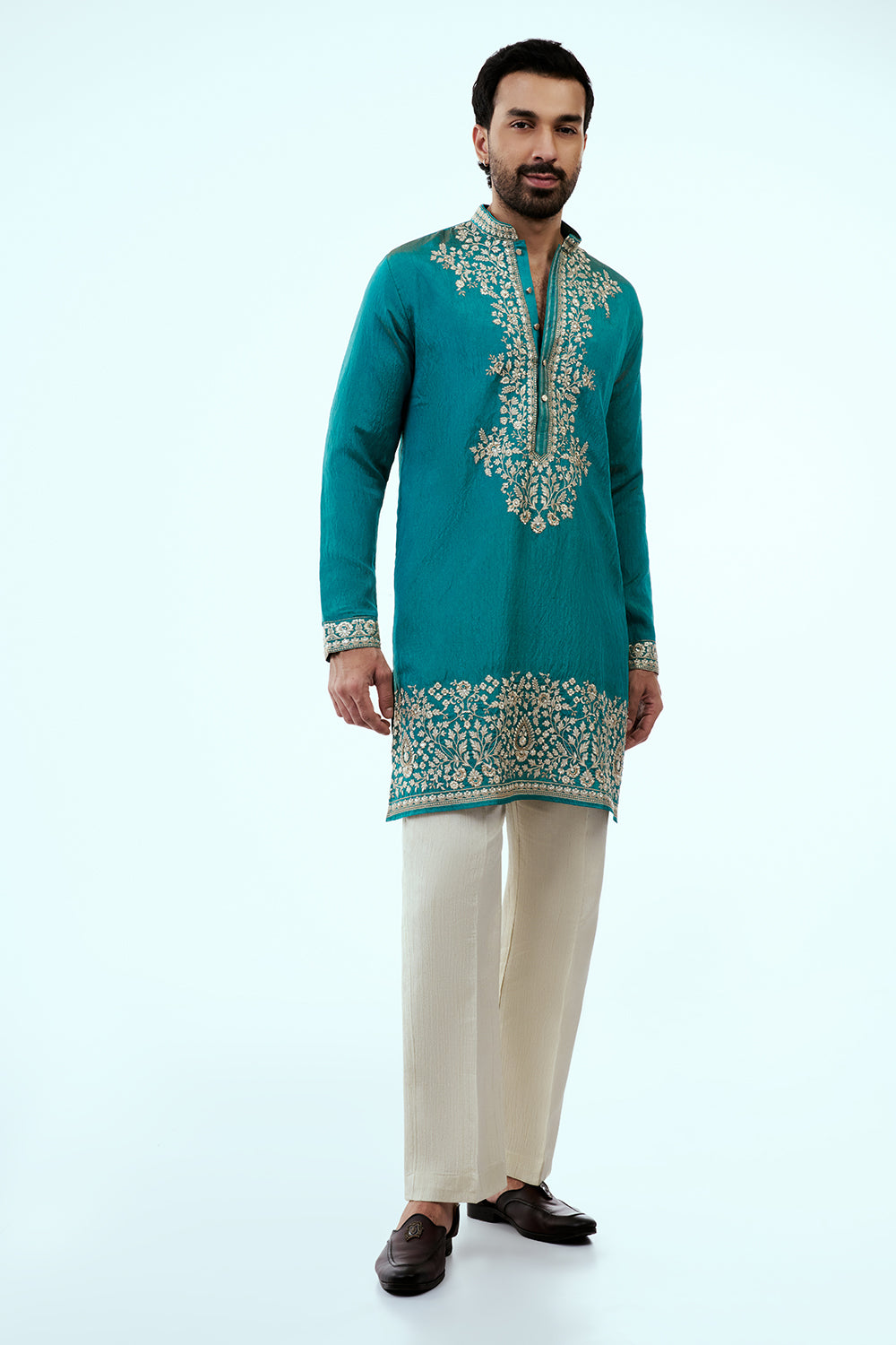 Teal Blue Chanderi Silk Mens Kurta Set in Resham Work with Dupatta