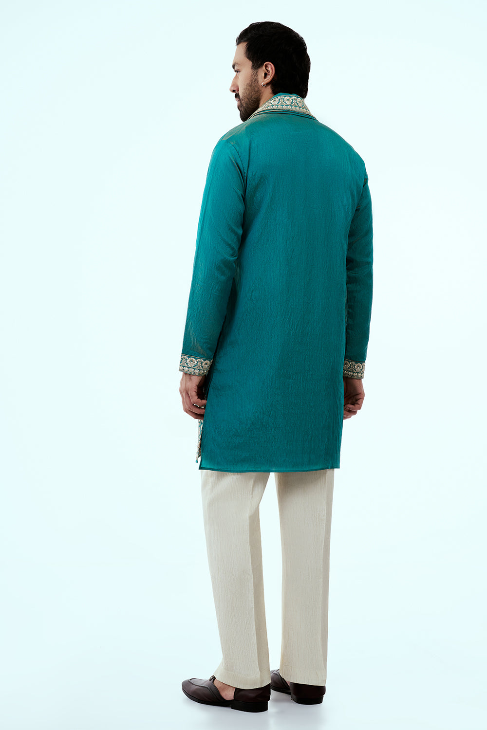 Teal Blue Chanderi Silk Mens Kurta Set in Resham Work with Dupatta