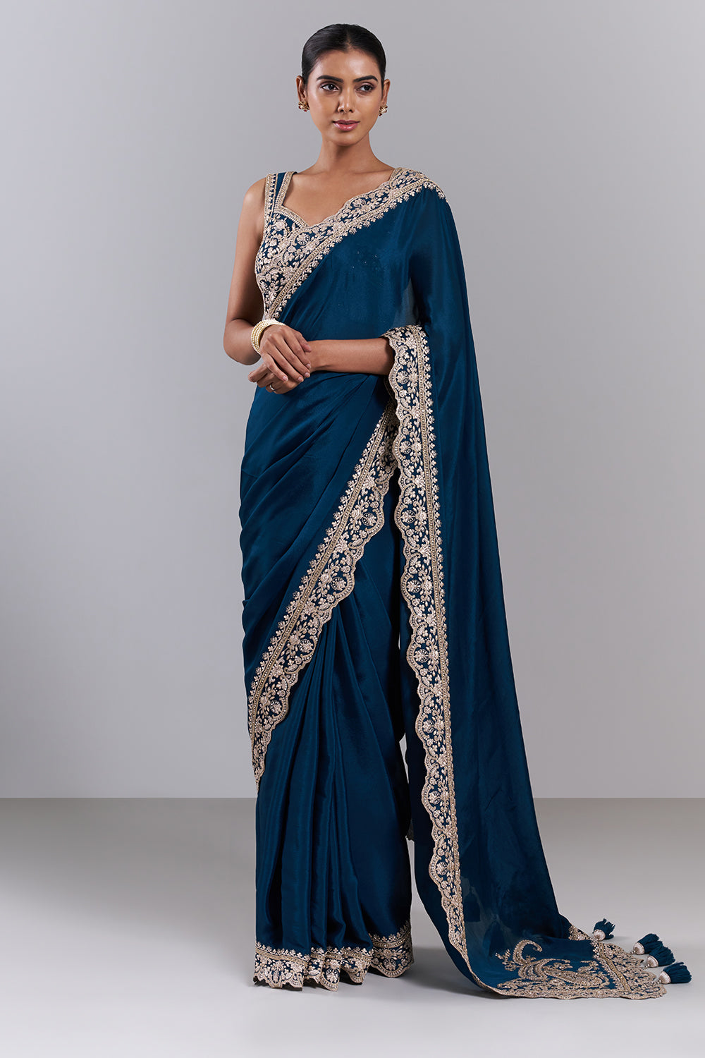 Teal Blue Chiffon Embroidered Saree And Stitched Blouse